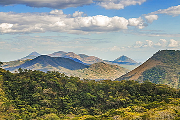 The North West volcanic chain, distant on left Momotombo, centre Rota and Las Pilas complex, on right Momotombito and Santa Clara, Leon, Nicaragua, Central America