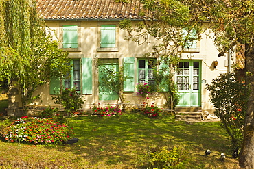 House with typical regional green shutters in the Marais Poitevin (Green Venice) wetlands, Arcais, Nouvelle-Aquitaine, France, Europe