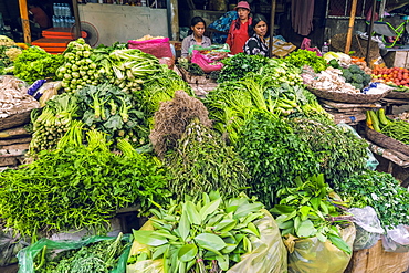 Vegetable stalls at the busy colourful Phsar Chas Old Market near the riverfront, Phsar Chas, city centre, Phnom Penh, Cambodia, Indochina, Southeast Asia, Asia