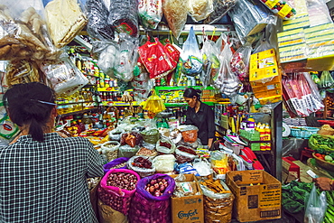 Woman and well-stocked stall selling goods and groceries at this huge old market, Central Market, city centre, Phnom Penh, Cambodia, Indochina, Southeast Asia, Asia