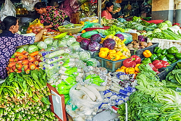 Well-stocked vegetable stall at this huge old market, Central Market, city centre, Phnom Penh, Cambodia, Indochina, Southeast Asia, Asia