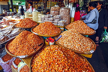 Piles of dried shrimp for sale at stall in this huge old market, Central Market, city centre, Phnom Penh, Cambodia, Indochina, Southeast Asia, Asia