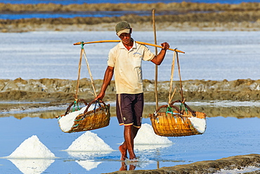 Man with shoulder pole harvesting the salt fields around the Praek Tuek Chhu River estuary south of the city, Kampot, Cambodia, Indochina, Southeast Asia, Asia