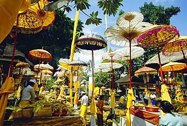 Parasols in Pura Taman Pule Hindu temple on Koningan Day, Bali's second most important holiday when the holy souls of the ancestors are revered, Gianyar district, Bali, Indonesia