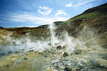 Steam rising from hot springs at Krisuvik on the south west peninsula of Iceland, Polar Regions