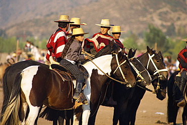 Riders at the Fiesta de Cuasimodo, a traditional festival one week after Easter, La Barnechea, in Santiago, Chile, South America