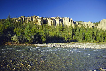 Strange eroded rock formations, Dutch Creek Hoodoos and Kootenay River, British Columbia, Canada