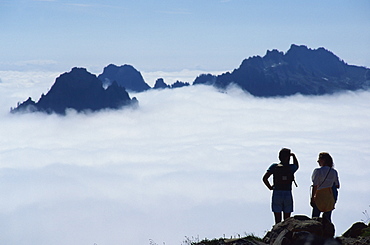 Hikers look over the clouds from Paradise Park on Mount Rainier volcano, highest point in the state, Washington state, United States of America, North America