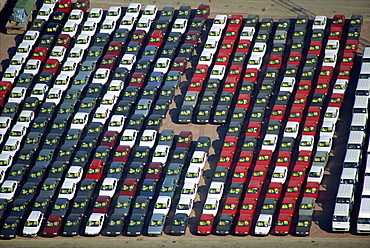 Aerial of cars lined up on the docks at the port of Salerno in Campania, Italy, Europe