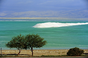 Mined sea salt at shallow south end of the Dead Sea near Ein Boqeq, Israel, Middle East