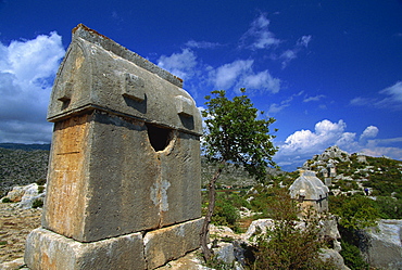 Ancient Lycian tombs at Kaleuragiz, Kekova, near Kas, Anatolia, Turkey, Asia Minor, Eurasia