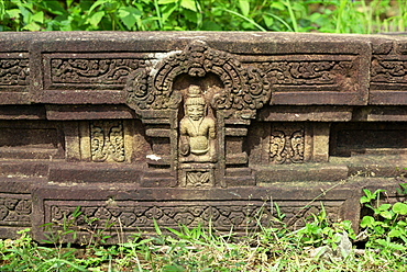 Detail of carved stone plinth at My Son, important Cham archaeological site occupied 4th to 13th centuries, Indianised Champa kingdom, UNESCO World Heritage Site, Vietnam, Indochina, Southeast Asia, Asia