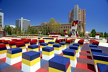 Modern sculpture on North Terrace near Festival Centre, in front of Adelaide Casino in old railway station and Hyatt Regency Hotel, Adelaide, South Australia, Australia, Pacific