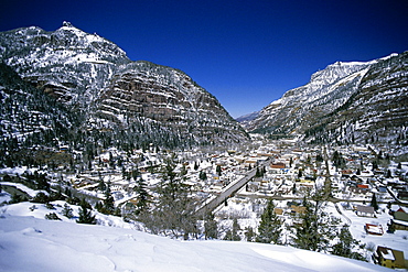 A pretty Victorian style mining town known as the Gem of the Rockies (Rocky Mountains) situated at 7800 ft. in the San Juan mountains with 5000 ft. cliffs rising around it, Ouray, Colorado, United States of America (U.S.A.), North America