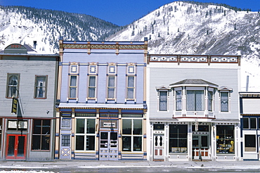 Colourful shop fronts on Greene Street in Old West style mining town of Silverton in the San Juan Range of the Rocky Mountains, Silverton, Colorado, United States of America (U.S.A.), North America