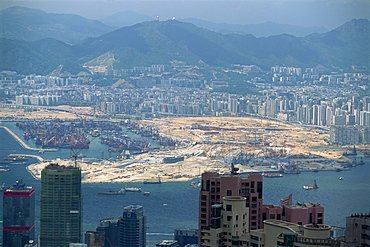 Construction site on reclaimed land in Kowloon in Victoria Harbour, Hong Kong, China, Asia