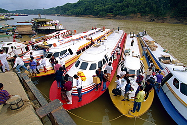 Express boats on the Rejang River at Kapit in Sarawak in north west Borneo, Malaysia, Southeast Asia, Asia