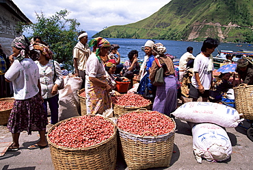 Batak women with onion crop at market in Haranggaol, north shore, Lake Toba, Sumatra, Indonesia, Southeast Asia, Asia