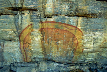 Rainbow Serpent at the Aboriginal rock art site at Ubirr Rock, Kakadu National Park, where paintings date from 20000 years old to present day, UNESCO World Heritage Site, Northern Territory, Australia, Pacific