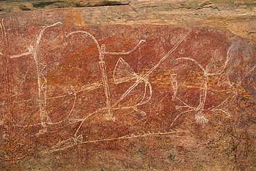 Warrior frieze at the Aboriginal rock art site at Ubirr Rock, Kakadu National Park, where paintings date from 20000 years old to present day, UNESCO World Heritage Site, Northern Territory, Australia, Pacific