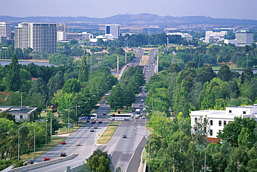 Looking from Capital Hill along Commonwealth Avenue towards Vernon Circle in the centre of the capital city, Canberra, Australian Capital Territory (A.C.T.), Australia, Pacific