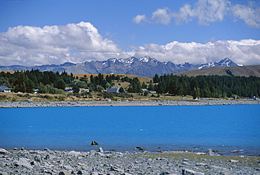 Glacial sediment causes blue colour in Lake Tekapo, mountains of the Southern Alps behind, Canterbury, South Island, New Zealand, Pacific