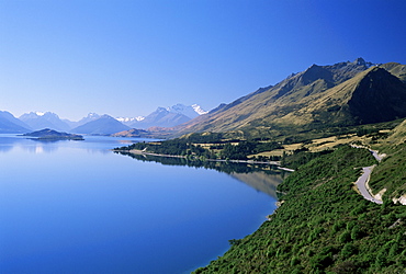 Looking NNW towards the northern tip of Lake Wakatipu at Glenorchy and Mt Earnslaw beyond, Western Otago, South Island, New Zealand, Pacific