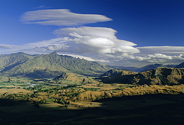 Looking southeast from Coronet Peak towards the Shotover Valley and The Remarkables near Queenstown, Otago, South Island, New Zealand, Pacific