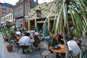 People sitting outside cafe on Oxford Terrace, Christchurch, Canterbury, South Island, New Zealand, Pacific