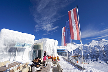 Frozen Icebar Lech near St. Anton am Arlberg in winter snow, Austrian Alps, Austria, Europe