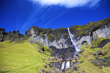 Waterfall in summer sunshine at Foss a Sidu, South coast, Iceland, Polar Regions