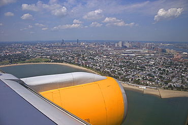 View from Icelandair passenger jet aircraft window over Boston, Massachusetts, New England, United States of America, North America 