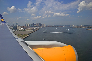 View from Icelandair passenger jet aircraft window over Boston, Massachusetts, New England, United States of America, North America 