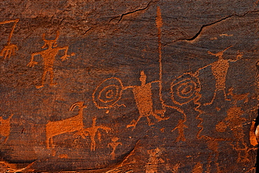 Horned anthropomorphs holding shields, Formative Period Petroglyphs, Utah Scenic Byway 279, Potash Road, Moab, Utah, United States of America, North America 