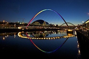 Gateshead Quays with Sage Gateshead and Millennium Bridge at night, Tyne and Wear, England, United Kingdom, Europe 