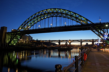 Gateshead Quays with Tyne Bridge and River Tyne swing bridge at night, Tyne and Wear, England, United Kingdom, Europe 