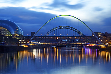 Gateshead Quays with Sage Gateshead and Millennium Bridge at night, Tyne and Wear, England, United Kingdom, Europe 