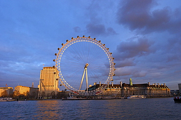 London Eye, River Thames, and City Hall from Victoria Embankment at sunset, London, England, United Kingdom, Europe