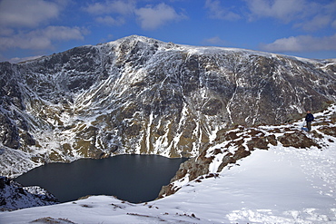 Llyn Cau and summit of Cader Idris in winter sun, Snowdonia National Park, Gwynedd, Wales, United Kingdom, Europe 