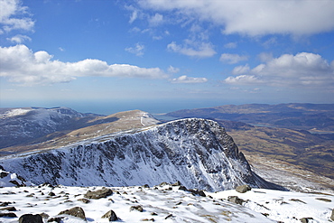 View from summit of Cader Idris in winter looking to Barmouth, Snowdonia National Park, Gwynedd, Wales, United Kingdom, Europe 