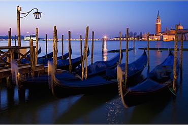 Daybreak view of gondolas from Piazzetta San Marco to Isole of San Giorgio Maggiore, Venice, UNESCO World Heritage Site, Veneto, Italy, Europe