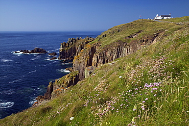 Cliffs and cafe at Lands End, summer sunshine, Cornwall, England, United Kingdom, Europe 