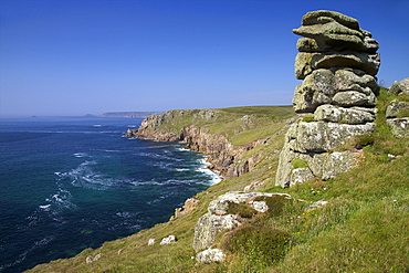 Looking to Sennen Cove from Lands End, summer sunshine, Cornwall, England, United Kingdom, Europe 