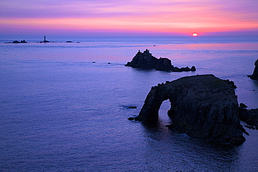 Sunset at Longships Lighthouse, Enys Dodnan and the Armed Knight, Lands End, Cornwall, England, United Kingdom, Europe 