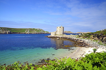 Cromwell's Castle in summer sunshine, Isle of Tresco, Isles of Scilly, United Kingdom, Europe 