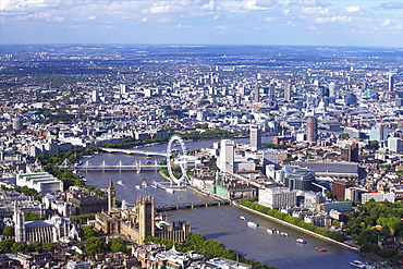 Aerial view of the Houses of Parliament, Westminster Abbey, London Eye and River Thames, London, England, United Kingdom, Europe