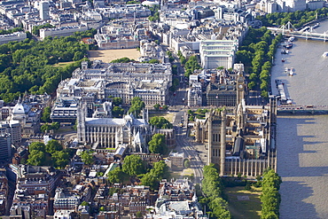 Aerial view of the Houses of Parliament and Westminster Abbey, UNESCO World Heritage Site, London, England, United Kingdom, Europe