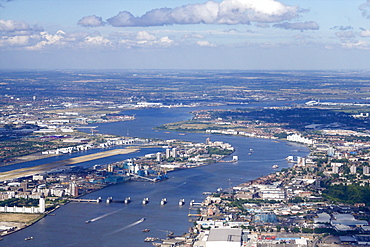 Aerial view of Thames Barrier, River Thames, London, England, United Kingdom, Europe