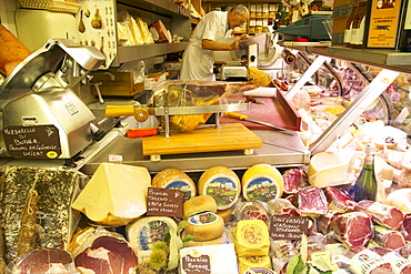 Delicatessen food store with cheese and ham on sale, Rome, Lazio, Italy, Europe