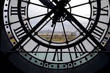 View through clock face from Musee D'Orsay toward Montmartre, Paris, France, Europe